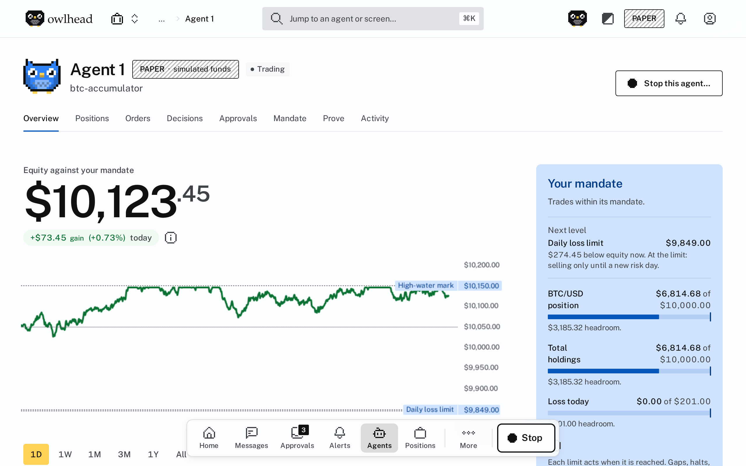 Agent 1's page in Owlhead: equity of $10,123.45 on paper, its chart, and its limits in dollars beside it.