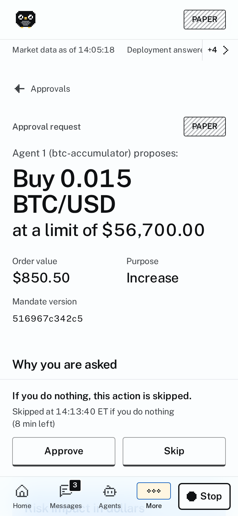 An approval request on a phone: buy 0.015 BTC/USD at a limit of $56,700.00, with Approve and Skip.